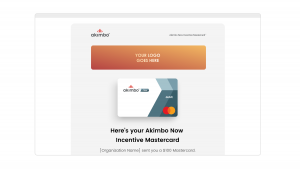 Akimbo Now Incentive Mastercard with space for a company logo in a orange to gold linear gradient